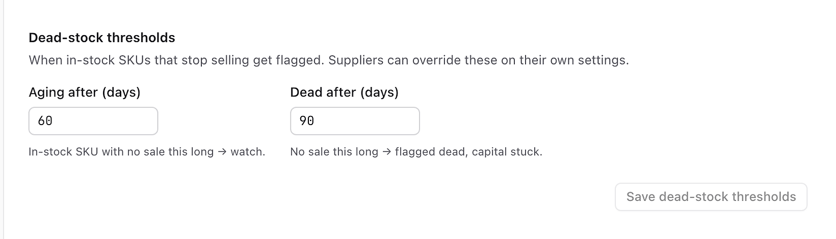 Dead stock thresholds in Stokis settings: aging after 60 days and dead after 90 days