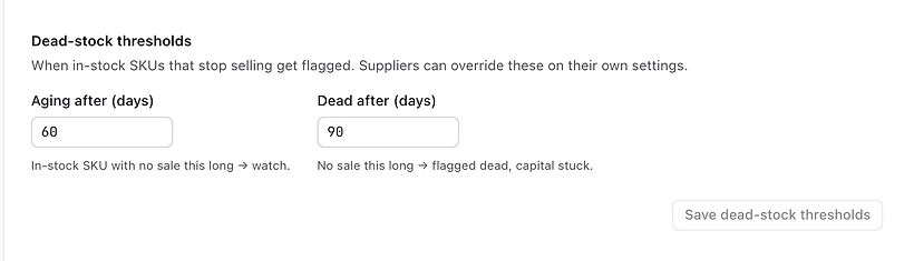 Dead stock thresholds in Stokis settings: aging after 60 days and dead after 90 days