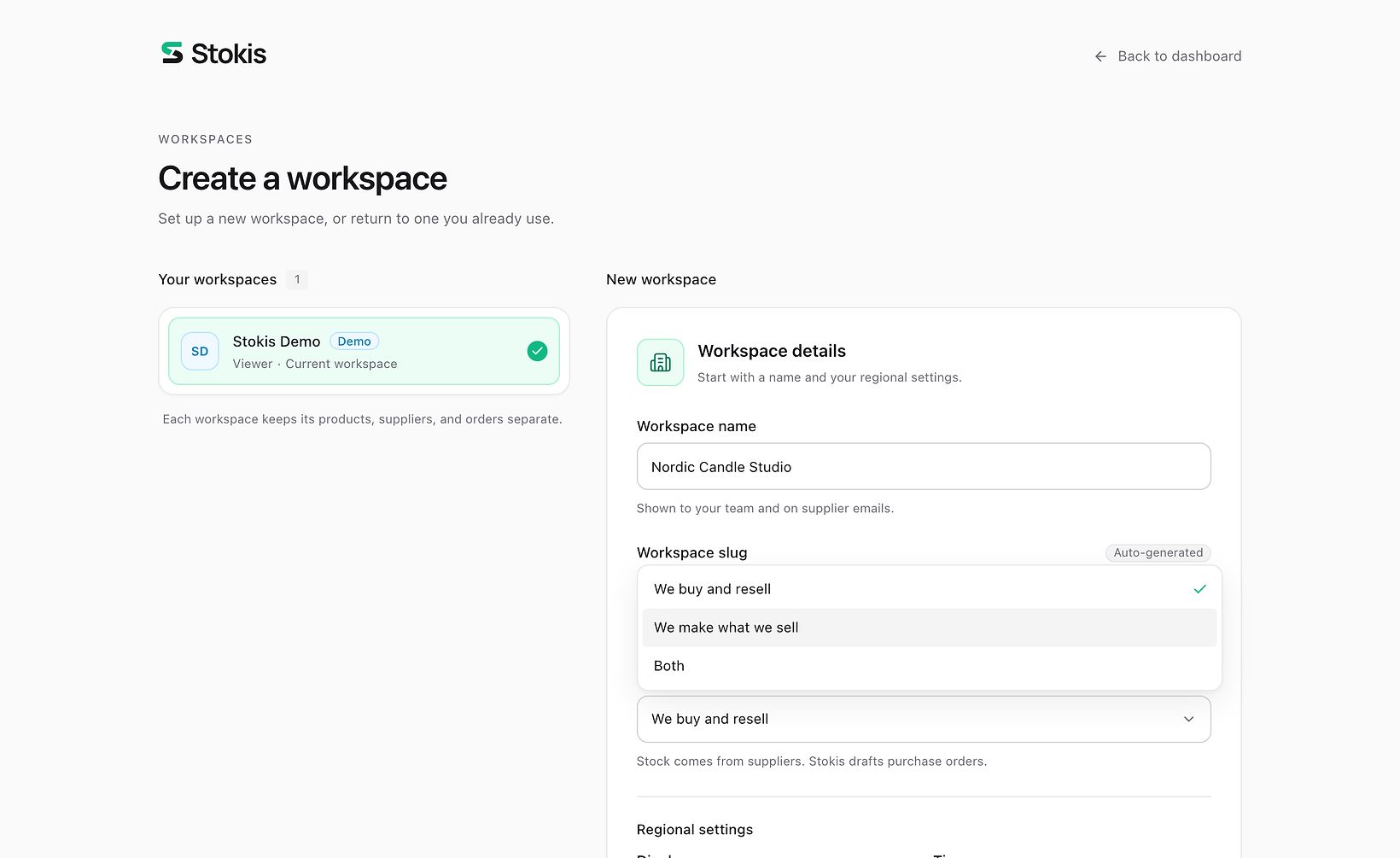 The Stokis create-workspace form with the business question open, showing We buy and resell, We make what we sell, and Both