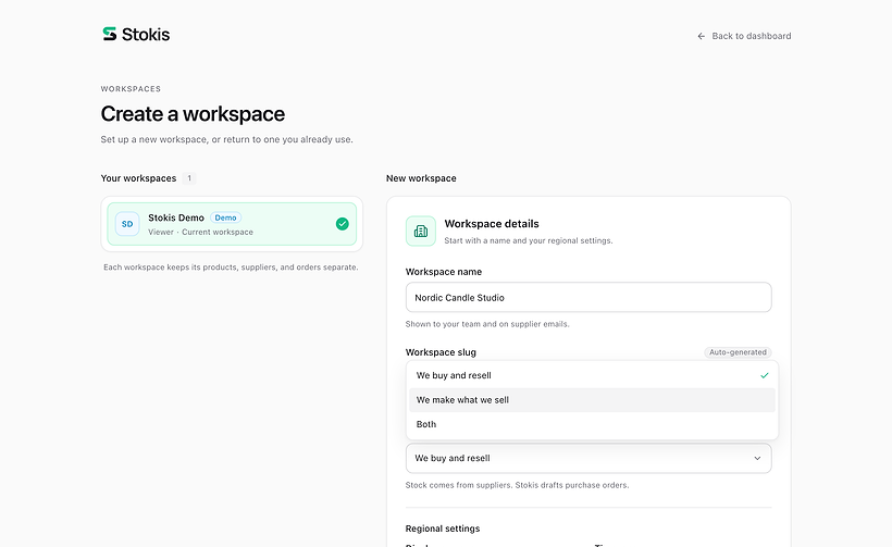 The Stokis create-workspace form with the business question open, showing We buy and resell, We make what we sell, and Both