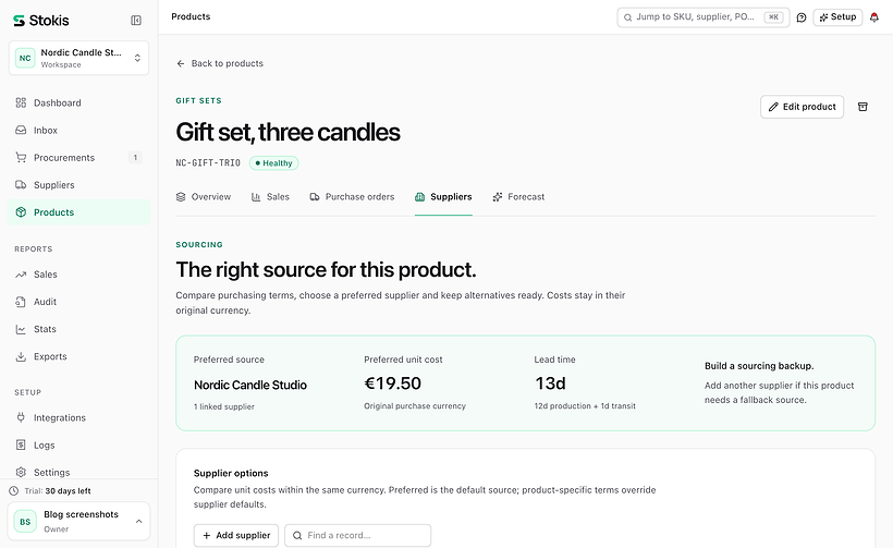 The Suppliers tab of a gift set product in Stokis showing a production lead time of 13 days, broken down as 12 days of production plus 1 day of transit