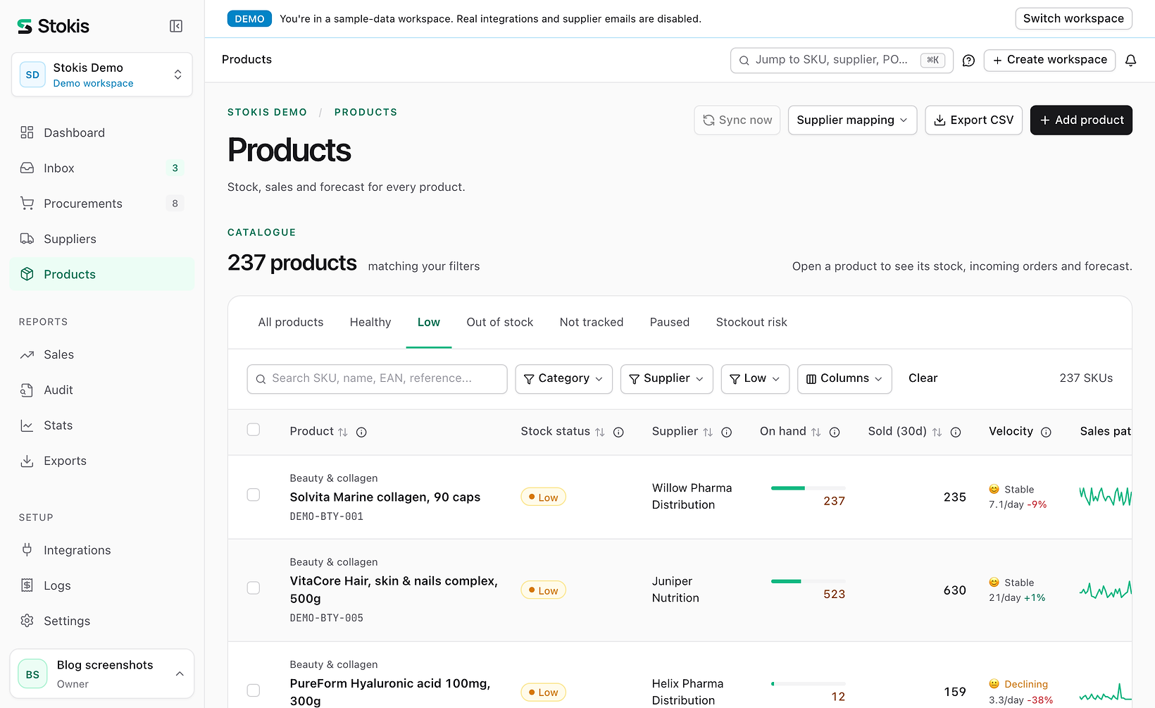 Products below their reorder point in the Stokis product list, each marked Low