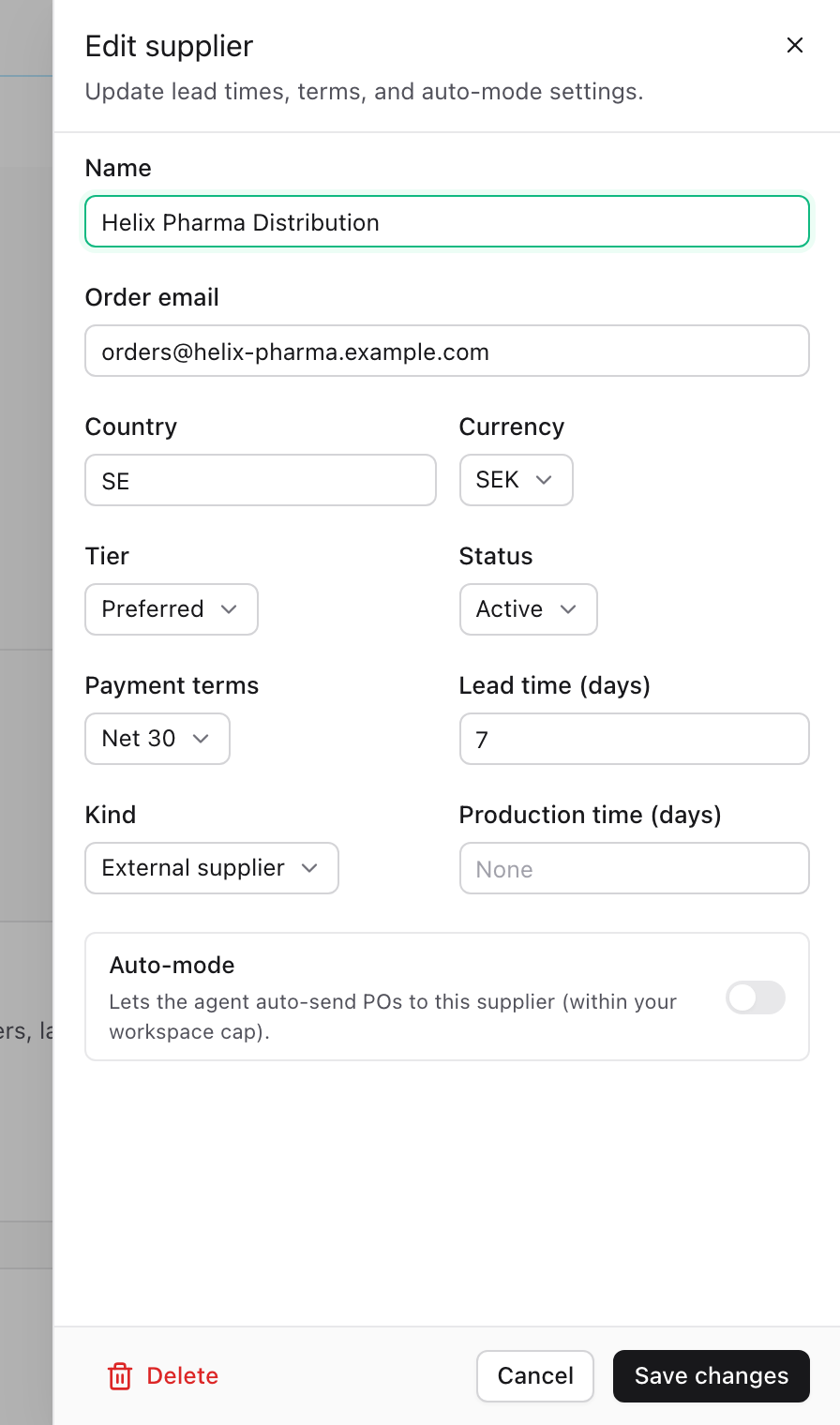 Supplier form in Stokis with the lead time field set to 7 days