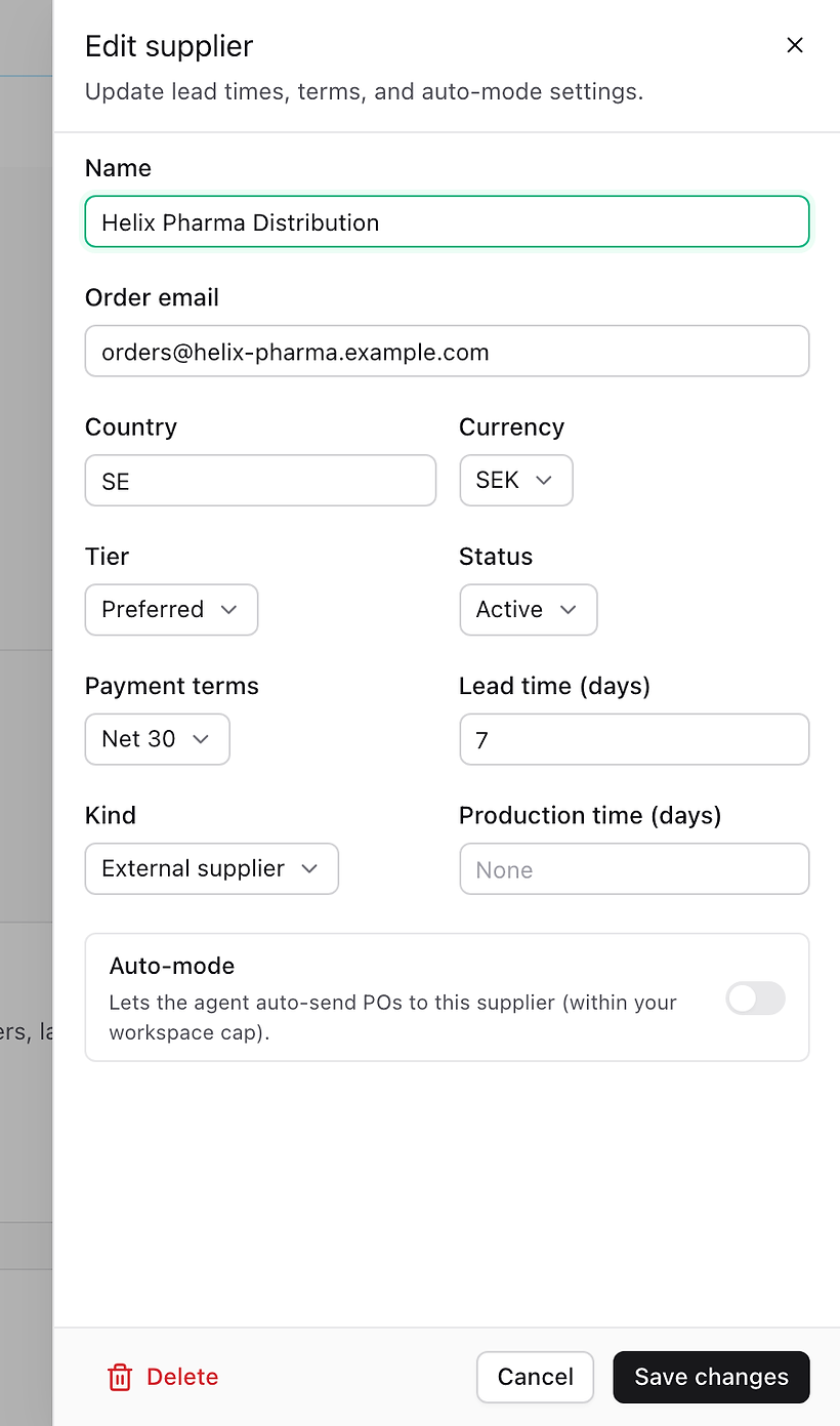 Supplier form in Stokis with the lead time field set to 7 days