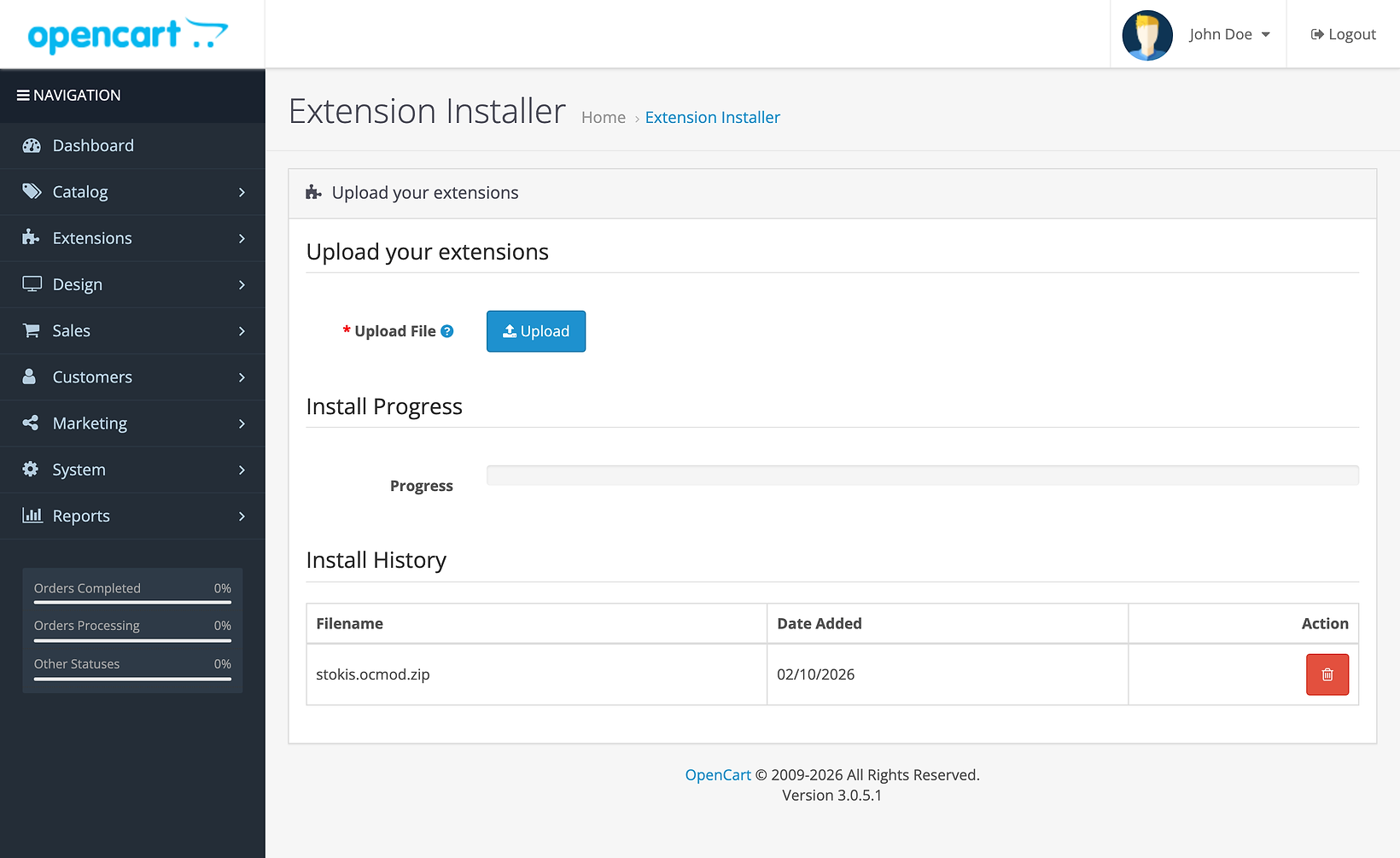 The Extension Installer page of OpenCart 3.0.5.1 with an Upload button, an empty progress bar and an Install History table that lists stokis.ocmod.zip.