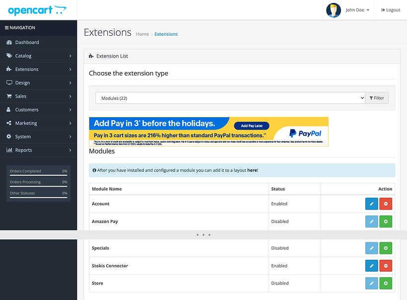 The OpenCart 3.0.5.1 extension list with Modules chosen. The Stokis Connector row reads Enabled and has a blue pencil button and a red minus button.