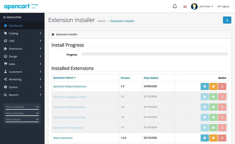 The Extension Installer page of OpenCart 4.1.0.4 with a blue upload button at the top right and a list of installed extensions. Stokis Connector 1.0.0 is the last row, with an orange minus button.