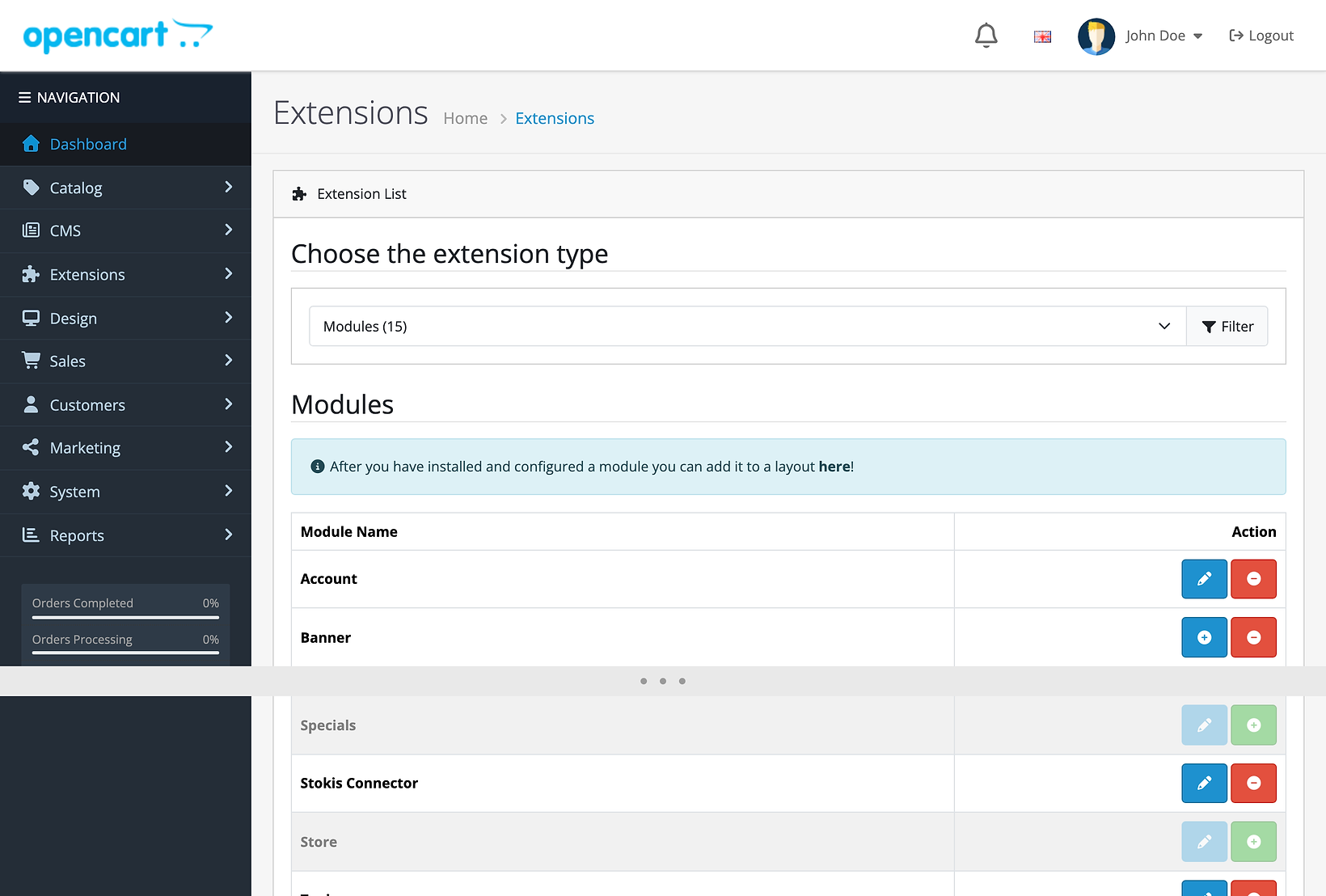 The OpenCart 4.1.0.4 extension list with Modules chosen in the type list. The Stokis Connector row has a blue pencil button and a red minus button; the modules next to it that are not installed have a green plus.
