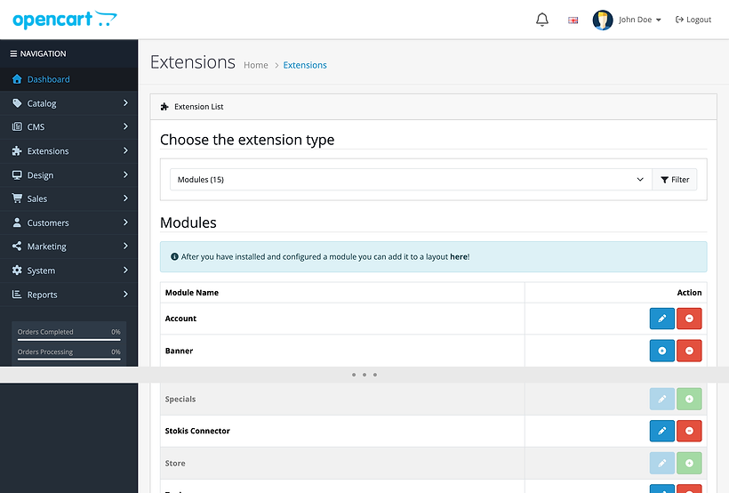 The OpenCart 4.1.0.4 extension list with Modules chosen in the type list. The Stokis Connector row has a blue pencil button and a red minus button; the modules next to it that are not installed have a green plus.