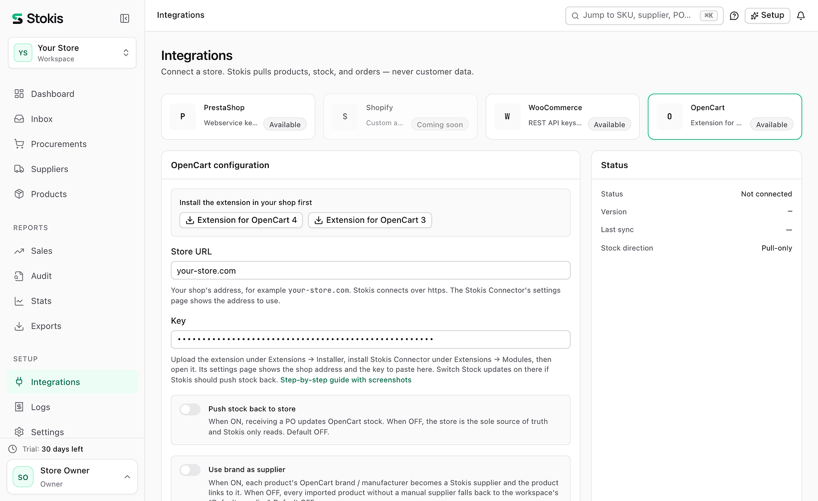 The Integrations page in Stokis with OpenCart chosen: two download buttons for the extension, a Store URL field holding your-store.com and a Key field with a hidden value.