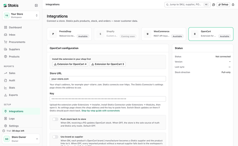 The Integrations page in Stokis with OpenCart chosen: two download buttons for the extension, a Store URL field holding your-store.com and a Key field with a hidden value.