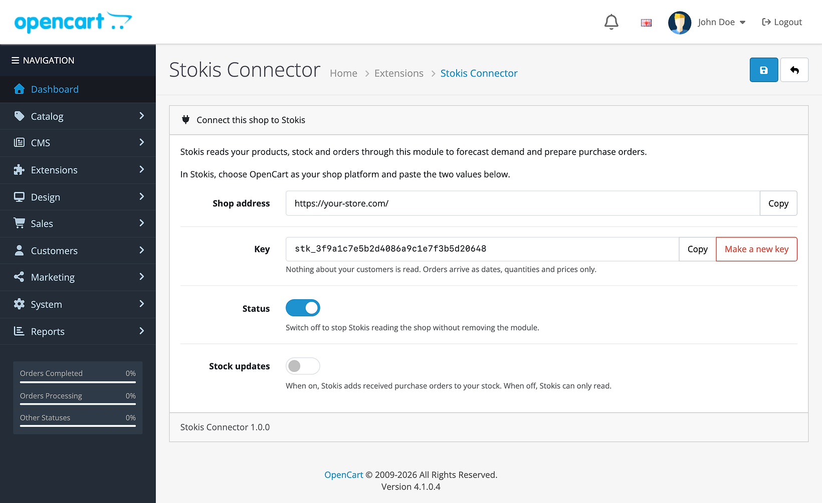 The Stokis Connector settings page in the OpenCart admin: the shop address and the key, each with a Copy button, a Make a new key button, the Status switch switched on and the Stock updates switch switched off.