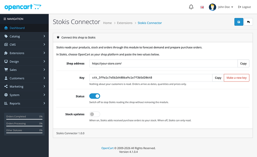 The Stokis Connector settings page in the OpenCart admin: the shop address and the key, each with a Copy button, a Make a new key button, the Status switch switched on and the Stock updates switch switched off.