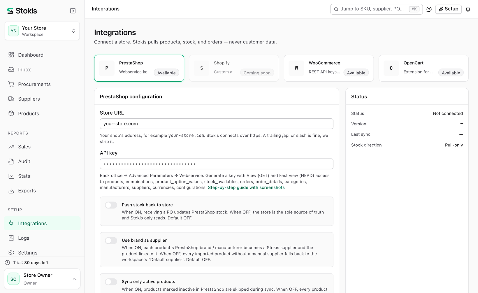 The Integrations page in Stokis with PrestaShop chosen: a Store URL field holding your-store.com and an API key field with a hidden value.