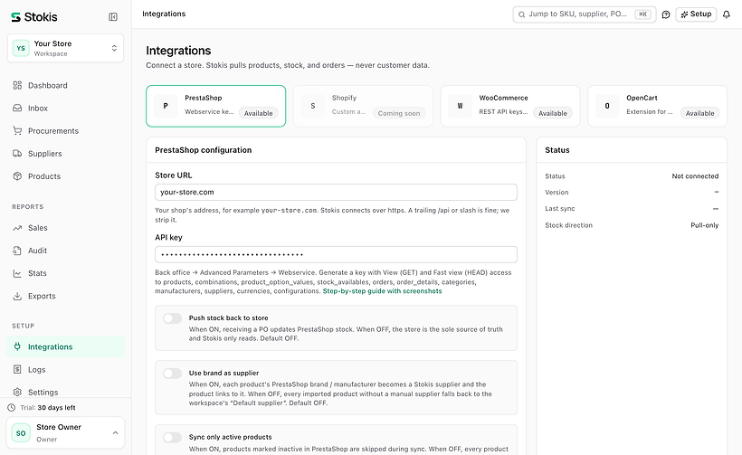 The Integrations page in Stokis with PrestaShop chosen: a Store URL field holding your-store.com and an API key field with a hidden value.
