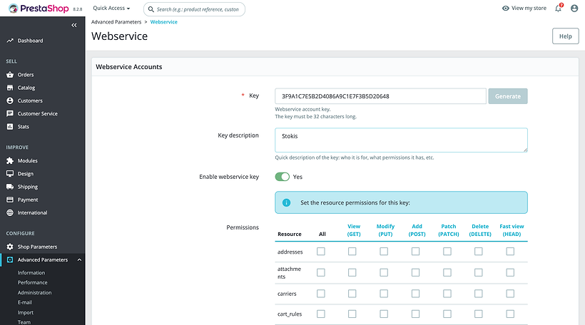 The PrestaShop form for a new webservice key: a generated key of 32 characters, the description Stokis, Enable webservice key set to Yes, and the start of the permissions table with a column for each kind of access.
