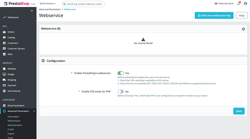 The Webservice page of PrestaShop 8.2.8: an empty list of keys with an Add new webservice key button at the top right, and a Configuration block where Enable PrestaShop's webservice is set to Yes above a Save button.