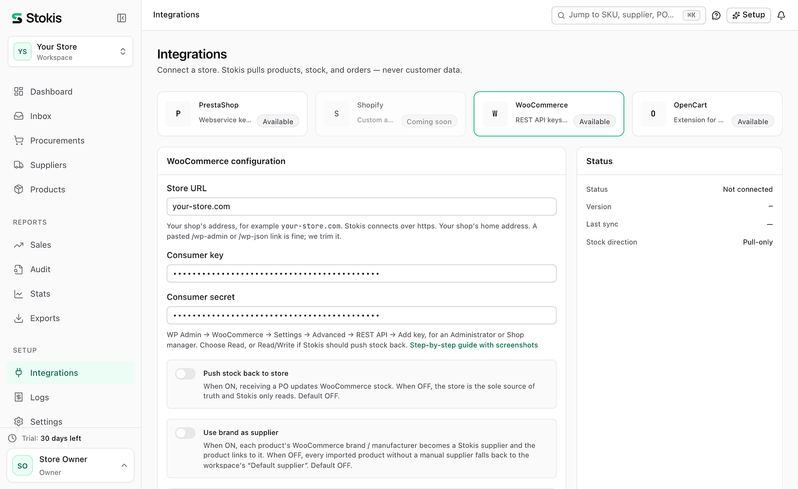 The Integrations page in Stokis with WooCommerce chosen: a Store URL field holding your-store.com and Consumer key and Consumer secret fields with hidden values.
