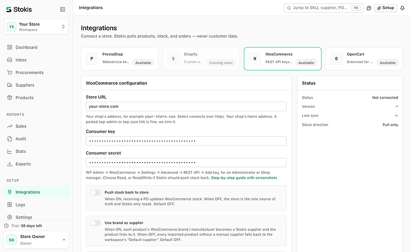 The Integrations page in Stokis with WooCommerce chosen: a Store URL field holding your-store.com and Consumer key and Consumer secret fields with hidden values.