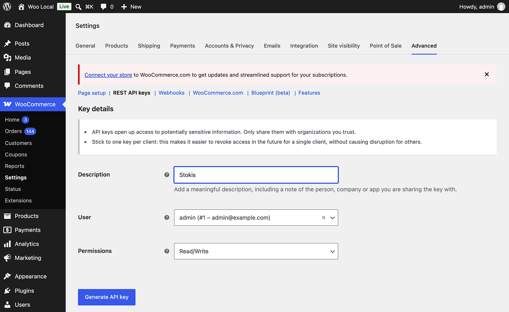 The WooCommerce Key details form with the description Stokis, the user admin and the permissions set to Read/Write, above a Generate API key button.