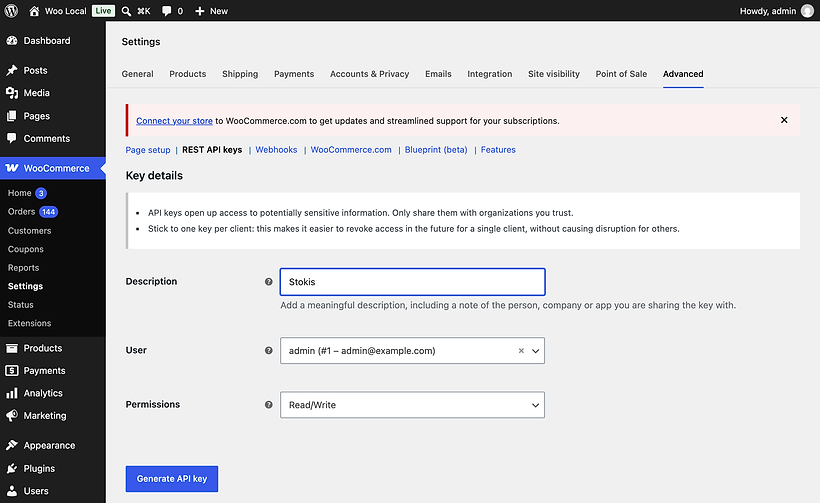 The WooCommerce Key details form with the description Stokis, the user admin and the permissions set to Read/Write, above a Generate API key button.