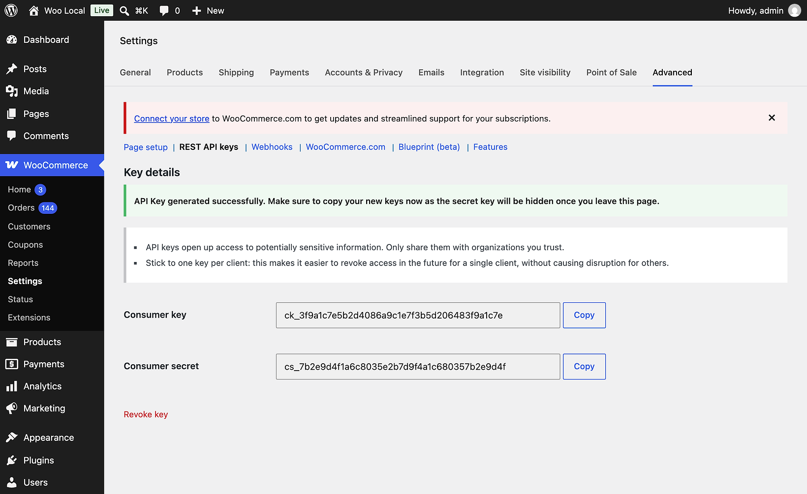The WooCommerce Key details page after the key was made: a green notice that the API key was generated, a consumer key starting with ck_ and a consumer secret starting with cs_, each with a Copy button, and a Revoke key link.