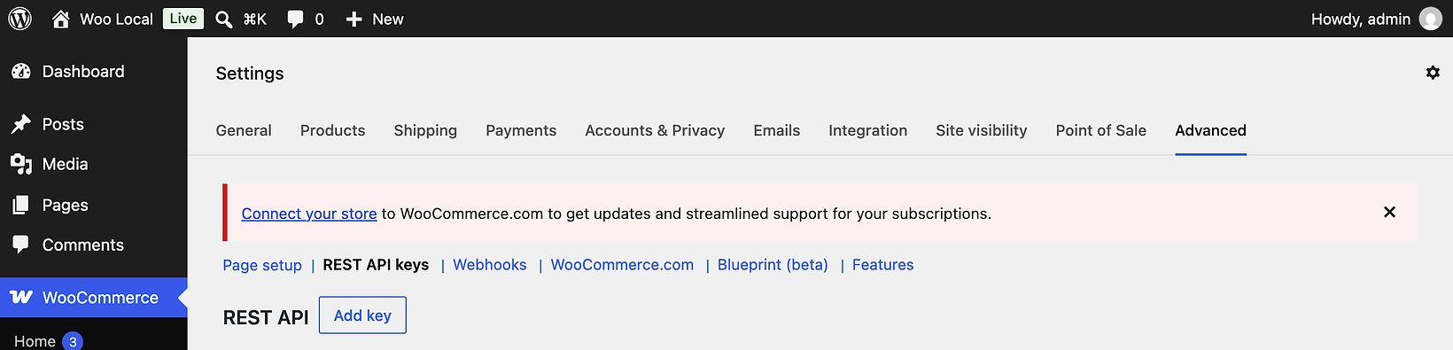 The WooCommerce settings page with the Advanced tab chosen and REST API keys selected in the row of links under it. An Add key button sits next to the REST API heading.